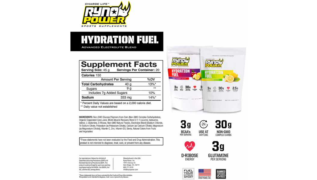 Ryno Power Hydration Fuel Drink Mix - Lemon/Lime - 1 lb - 10 Servings