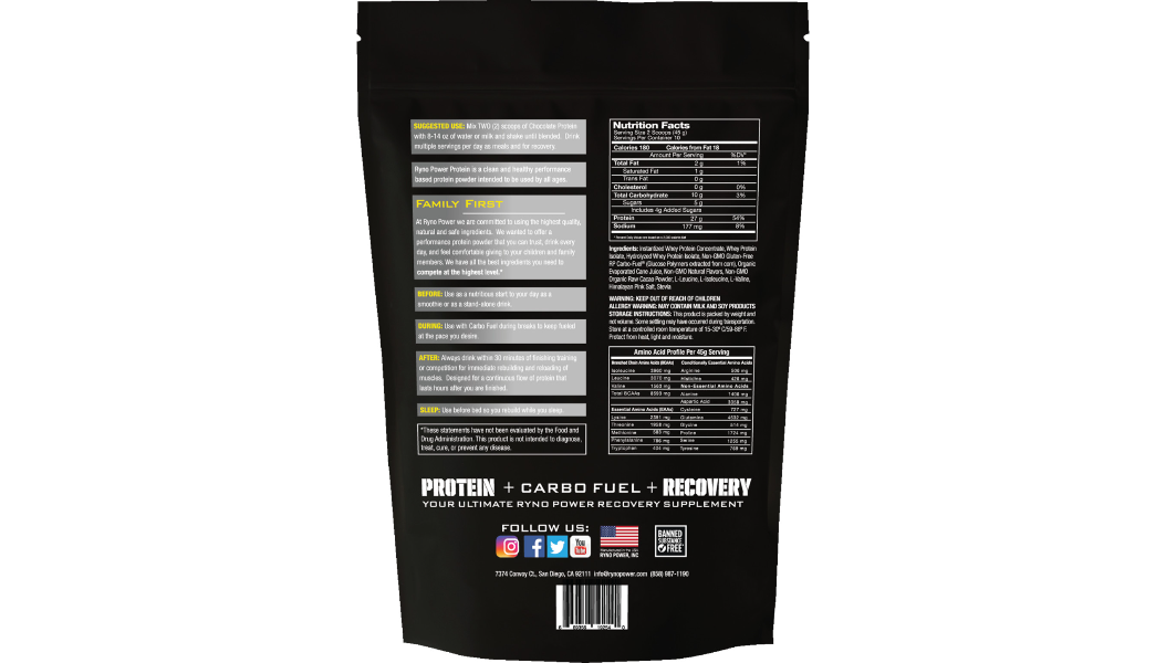 Ryno Power Protein Powder - Chocolate - 1 lb - 10 Servings