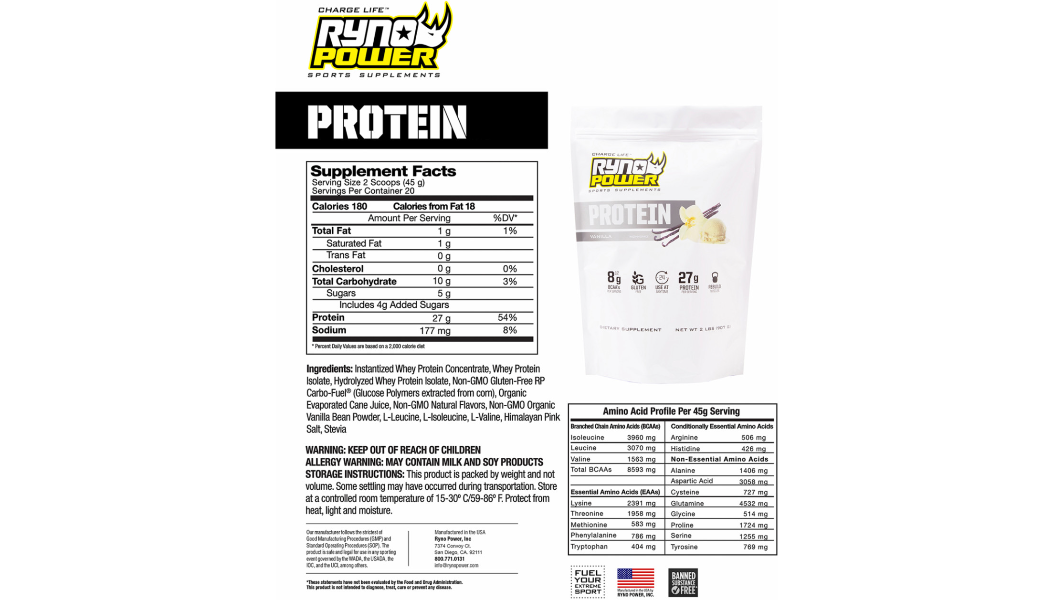 Ryno Power Protein Powder - Vanilla - 1 lb - 10 Servings