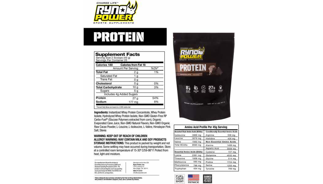 Ryno Power Protein Powder - Chocolate - 1 lb - 10 Servings